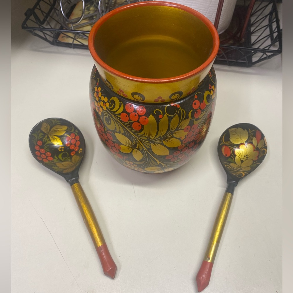 Vintage USSR Folk Art Wood Khokhloma Vase and 2 Decorative Spoons Hand Painted